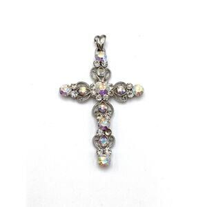 Cross Pendant Brooch Silver Tone Aurora Borealis Crystals Silver Tone